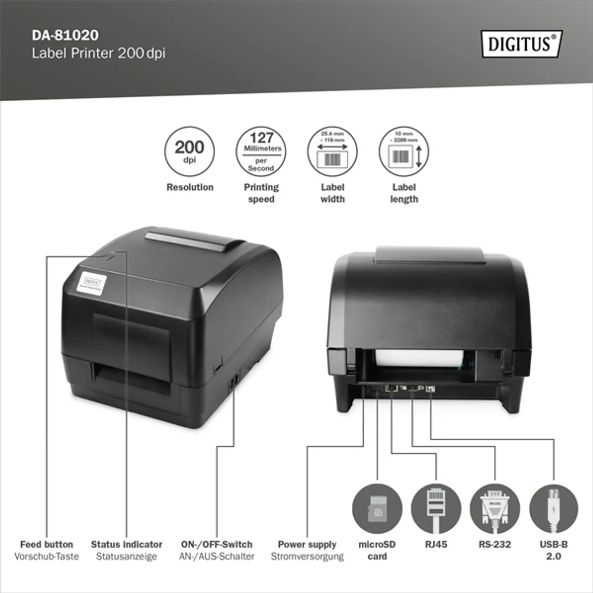 DIGITUS DA-81020 Címkenyomtató 203 dpi USB, RS232, Ethernet hőtranszfer és közvetlen hőnyomtatás 127 mm másodpercenként 108 mm #6