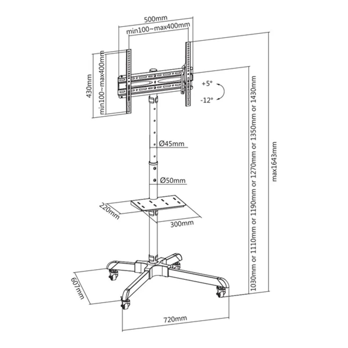 SBOX FS-224-2 mobil konferencia állvány 32"-55" VESA 100x100-400x400, 35 kg, magasság 1030-1430 mm, forgatható, billenthető 5°, kábelrendező #8