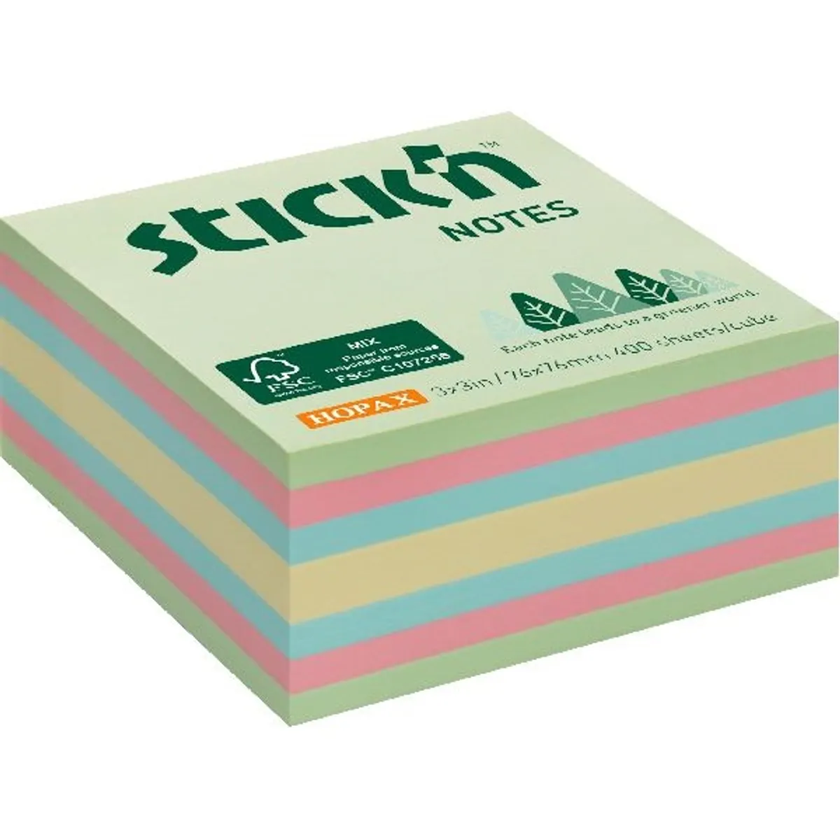 STICK N 21891 Kockatömb 76x76 mm 400 lap öntapadó pasztell mix FSC minősített zöld #1