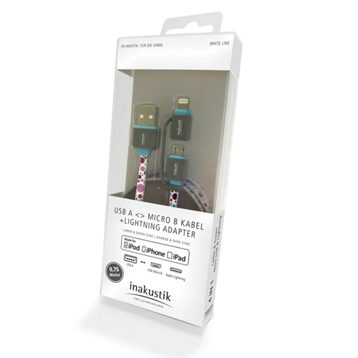INAKUSTIK 010421075 White Line 75 cm Lightning USB-A 4 az 1-ben adapter Apple-kompatibilis mintás felületű #1