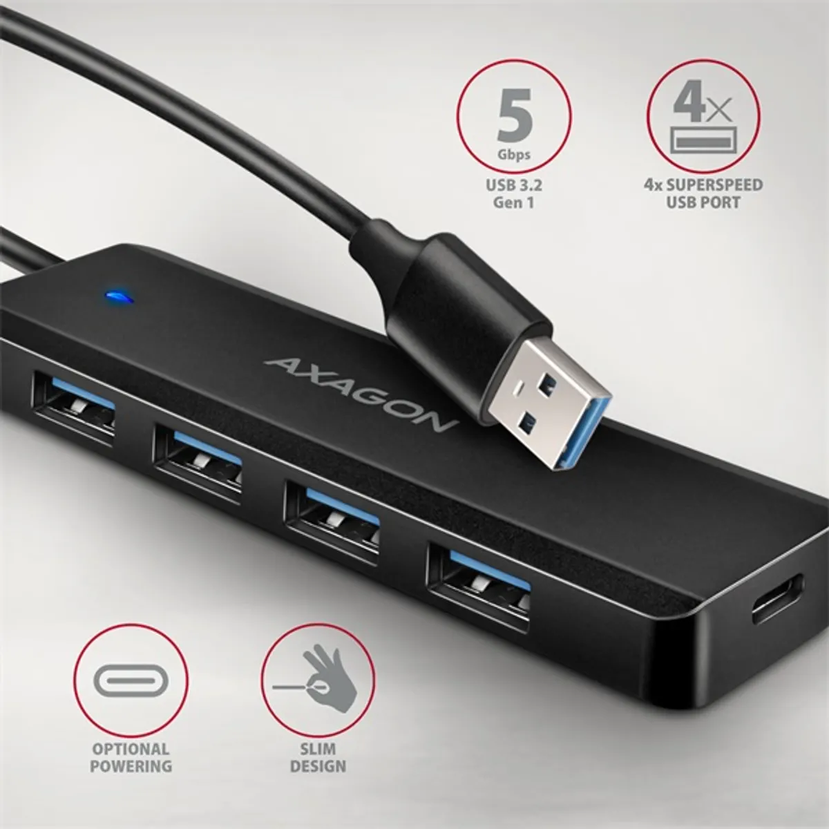 Axagon HUE-C1A USB hub 4-portos USB-A 5Gbps 19 cm kábel #2