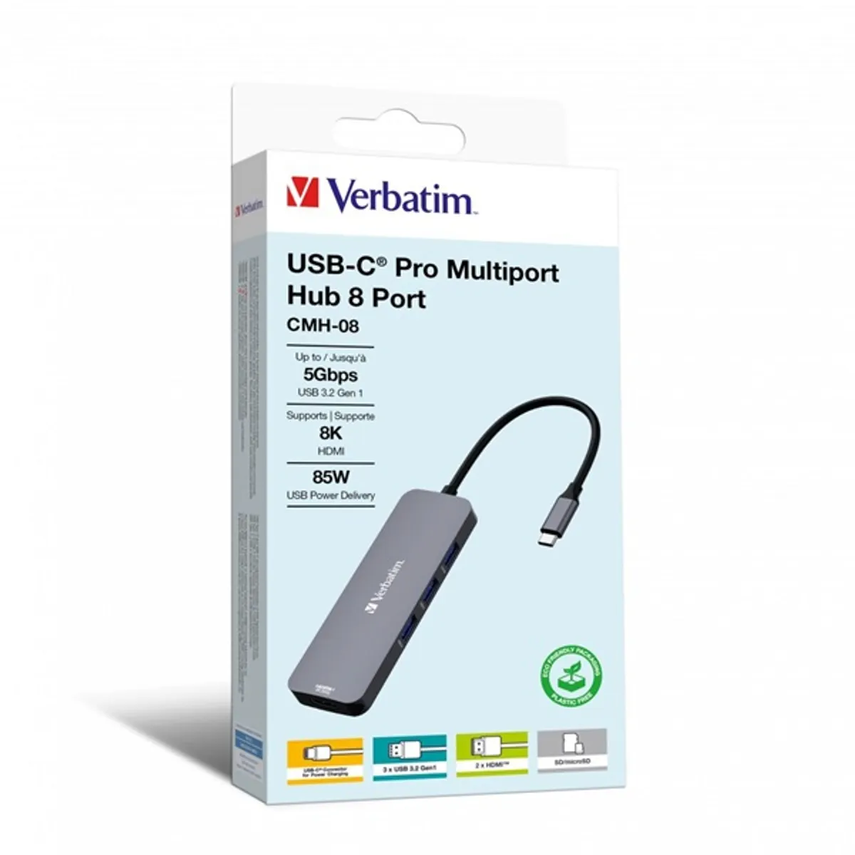 Verbatim 32151 CMH-08 8-port USB-C Pro Multiport Hub 2x HDMI 2x USB-A 3.2 Gen1 SD microSD USB-C PD 5 Gbps #4