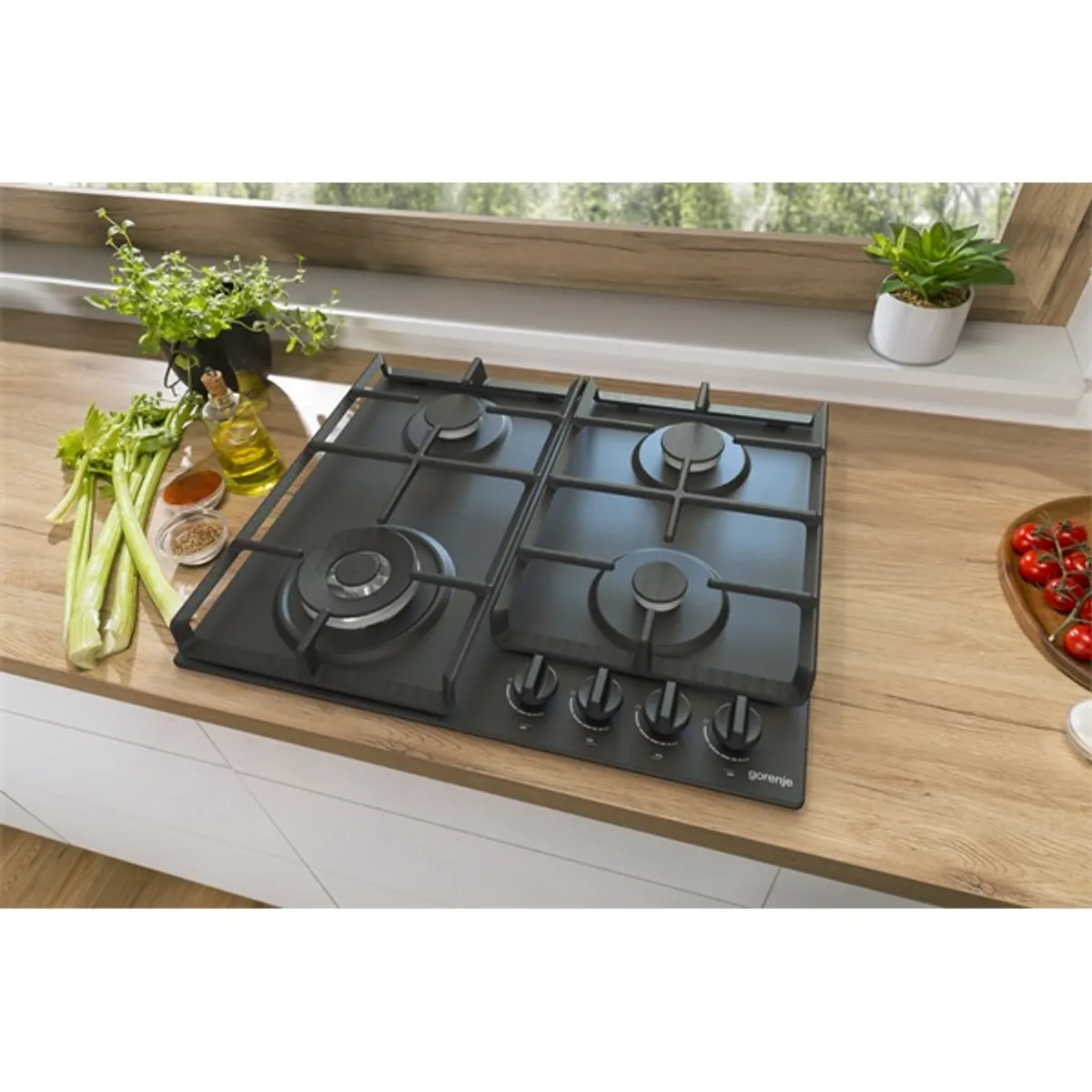 GORENJE 745400 GW641BFB 4 égő 1 wok égő, egykezes szikragyújtás, öntöttvas edénytartó rács, fekete, 60 cm szélesség, 52 cm mélység, 13 cm magasság #3