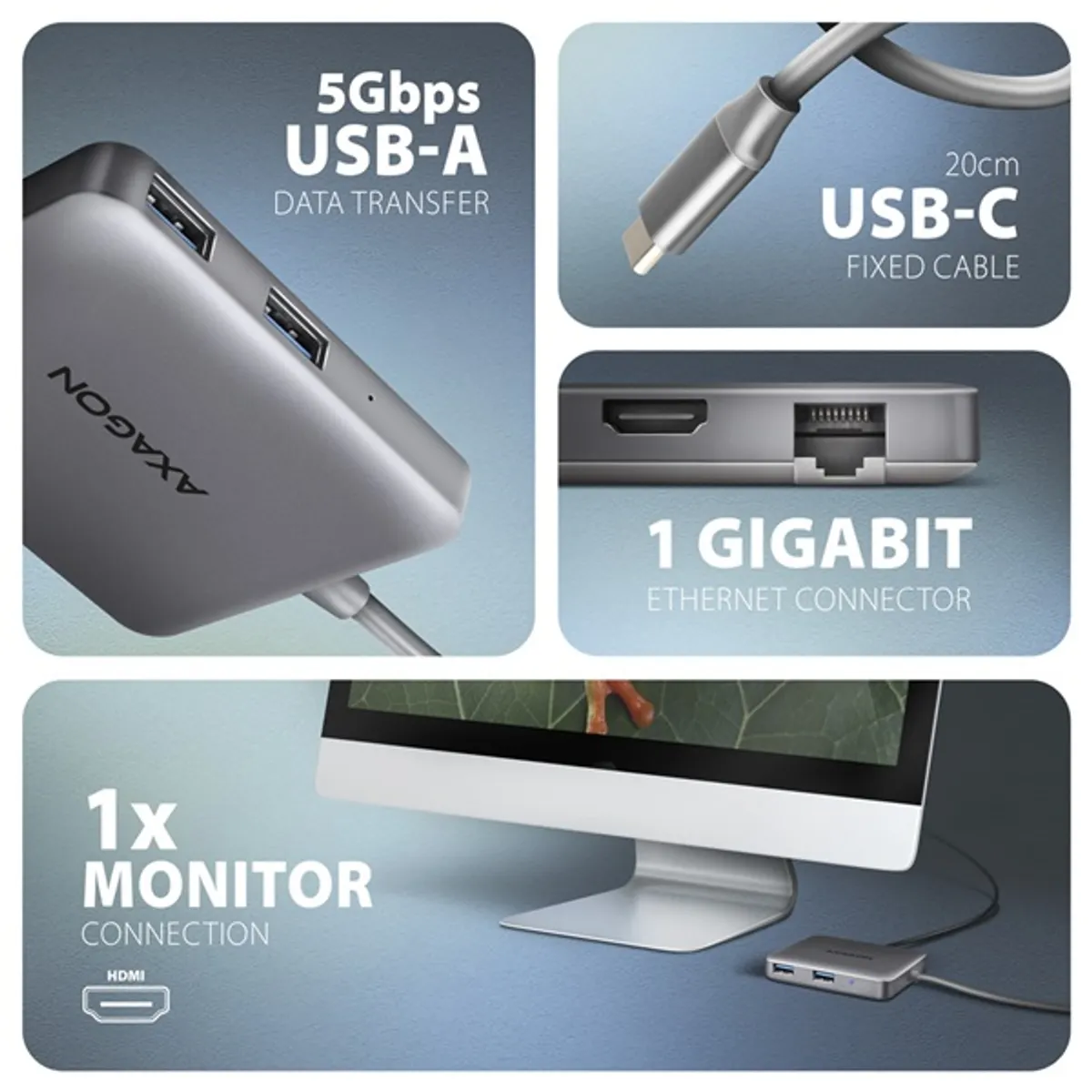 AXAGON HMC-5HL USB-C 5in1 hub 2x USB-A 1x HDMI 1x RJ-45 5Gbps PD 100W #3