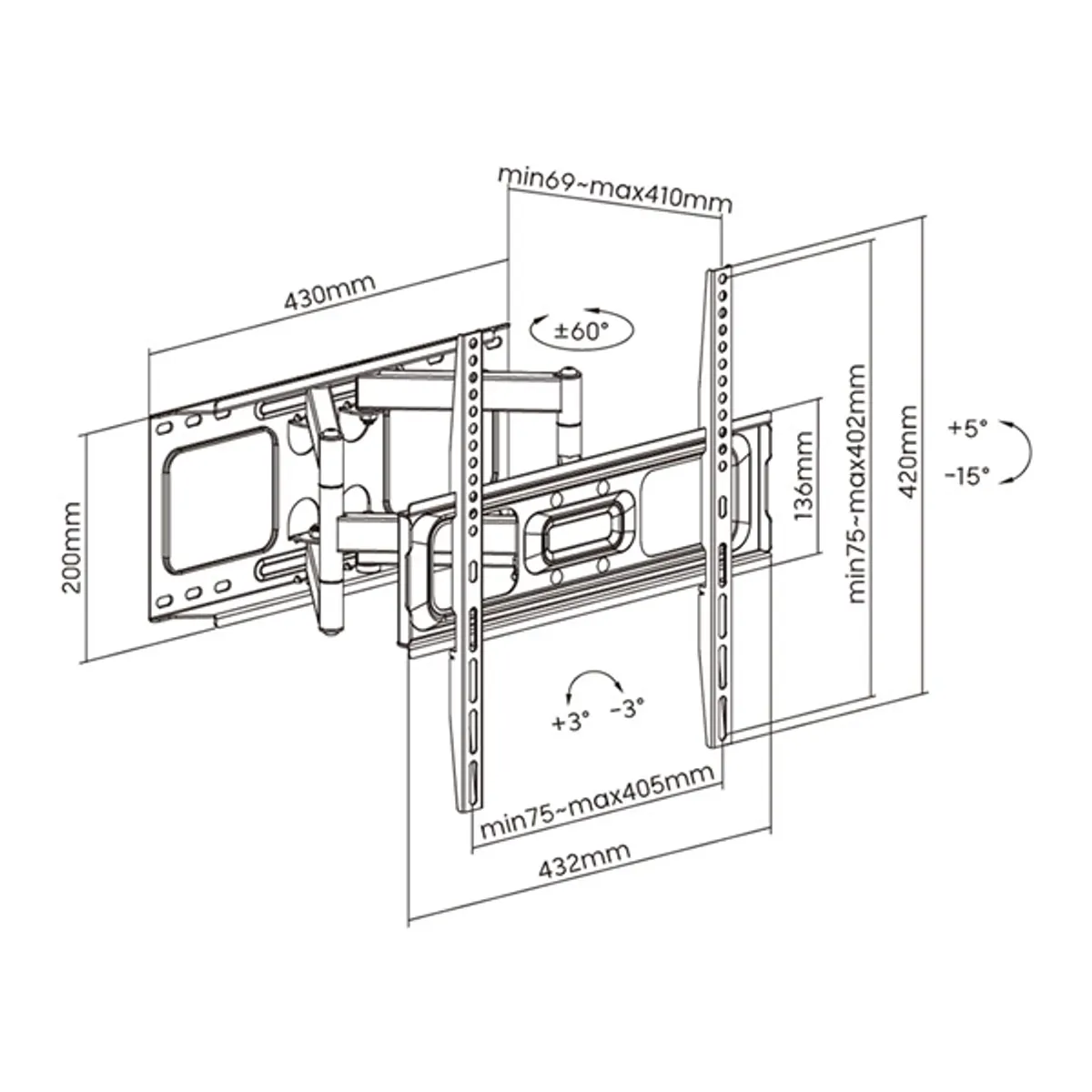 STELL 35057262 fali konzol acél fekete, 45 kg, forgatható 60°, billenthető 15°, min 32" max 70", VESA 75x75;100x100;200x200;400x400, 1 db, csavaros #4