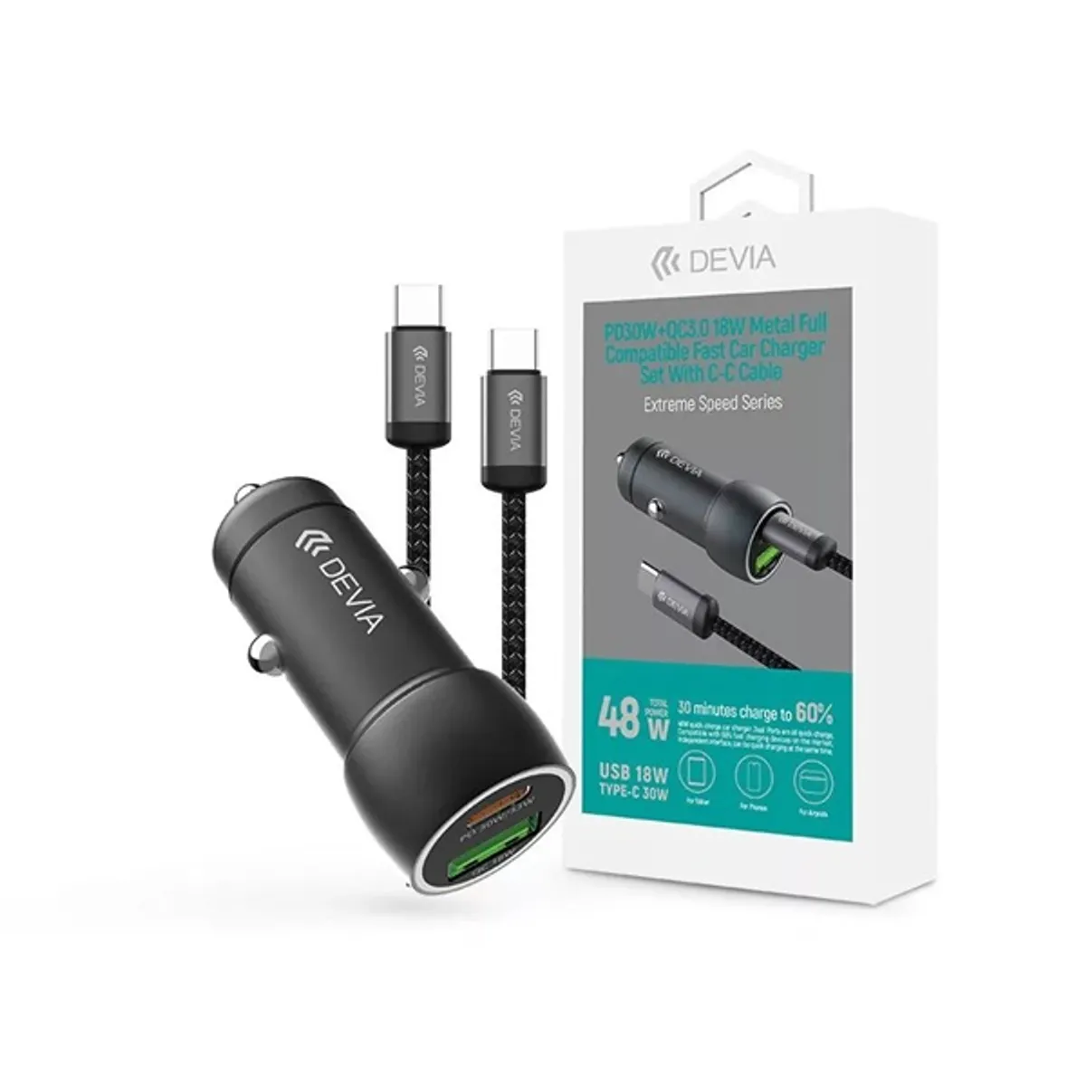 Devia ST112773 Extreme Speed Series 30W PD QC USB-A USB-C autós töltő univerzális fekete Type-C kábel 1m #1