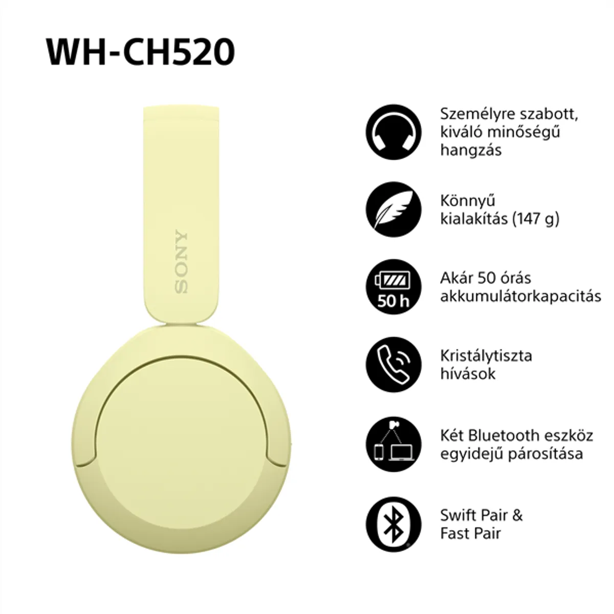 Sony WHCH520Y.CE7 WHCH520 Bluetooth fejhallgató sárga 30 mm hangszóró 50 óra üzemidő #7