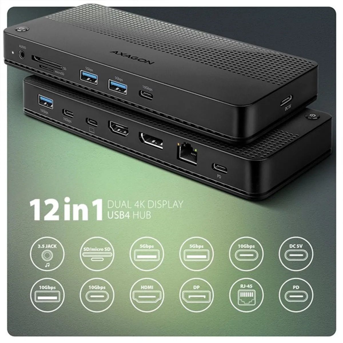 AXAGON HMC-U4 USB4 dokkoló 6 db USB-C és USB-A HDMI 1 DisplayPort 1 SD; Micro SD 3,5 mm jack #2