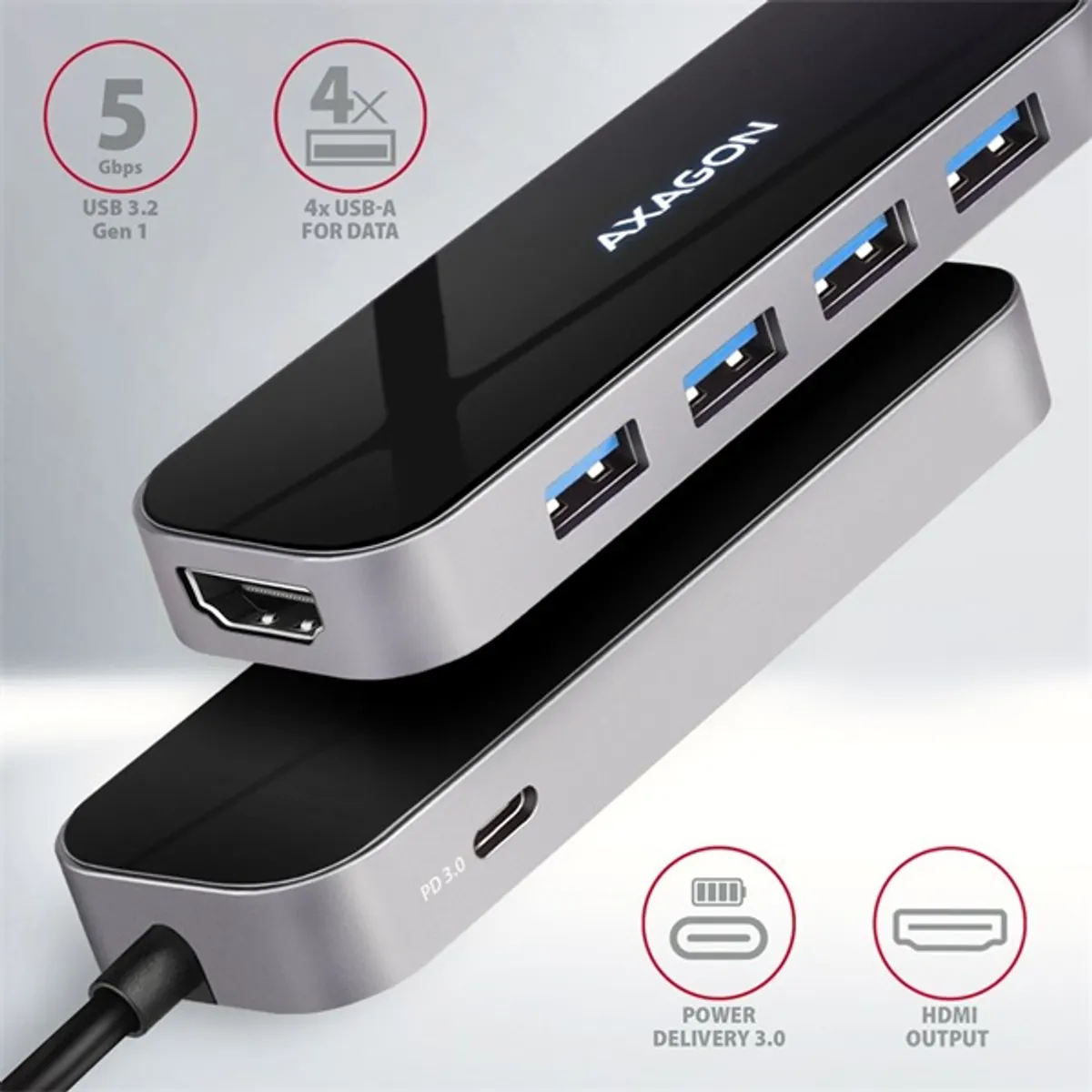 AXAGON HMC-6H4A Fekete USB-C hub 6in1 4x USB-A HDMI PD 100W 20 cm #2