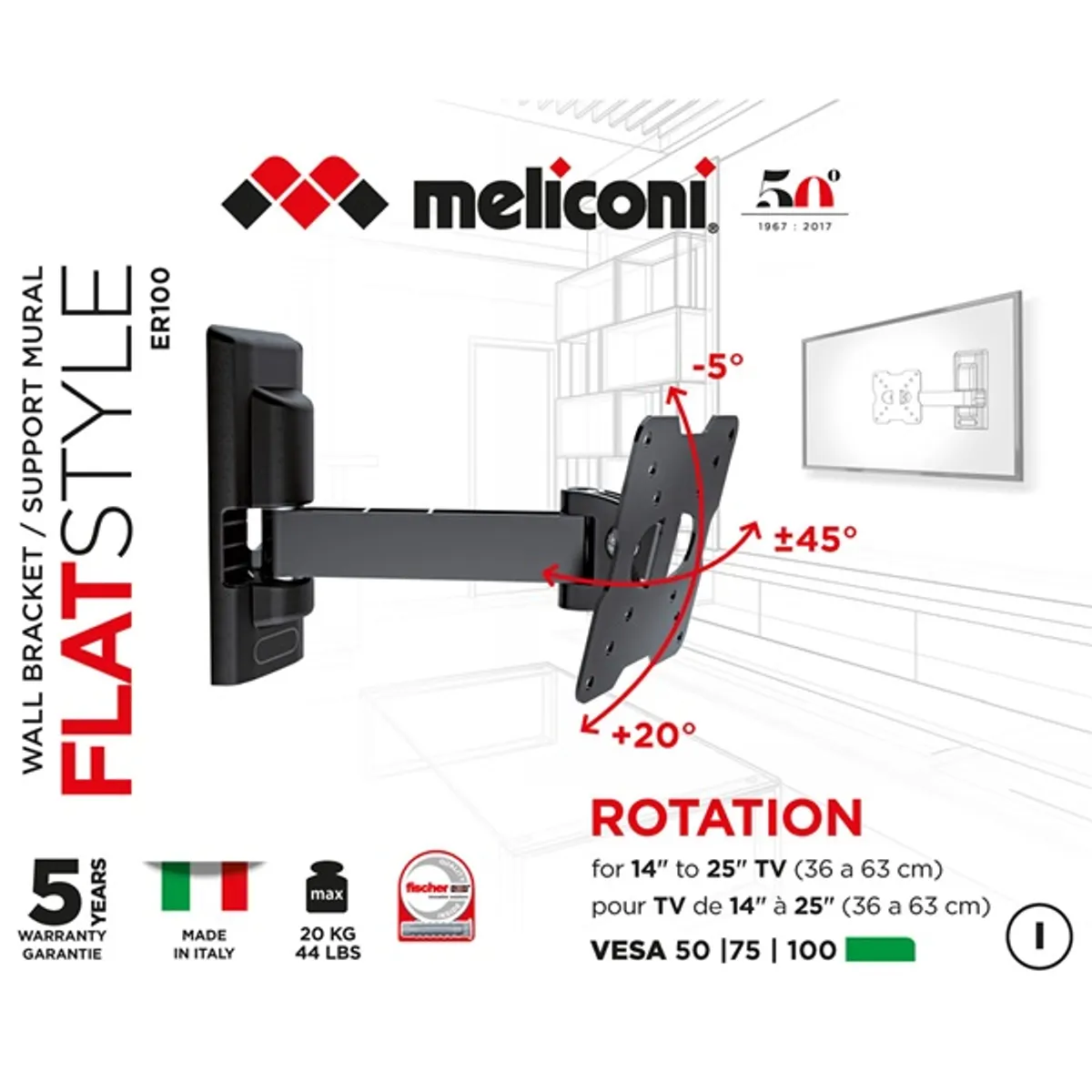 Meliconi 580457 FlatStyle ER100 dönthető, forgatható karos VESA 50x50,50x75,75x75,75x100,100x100 #2