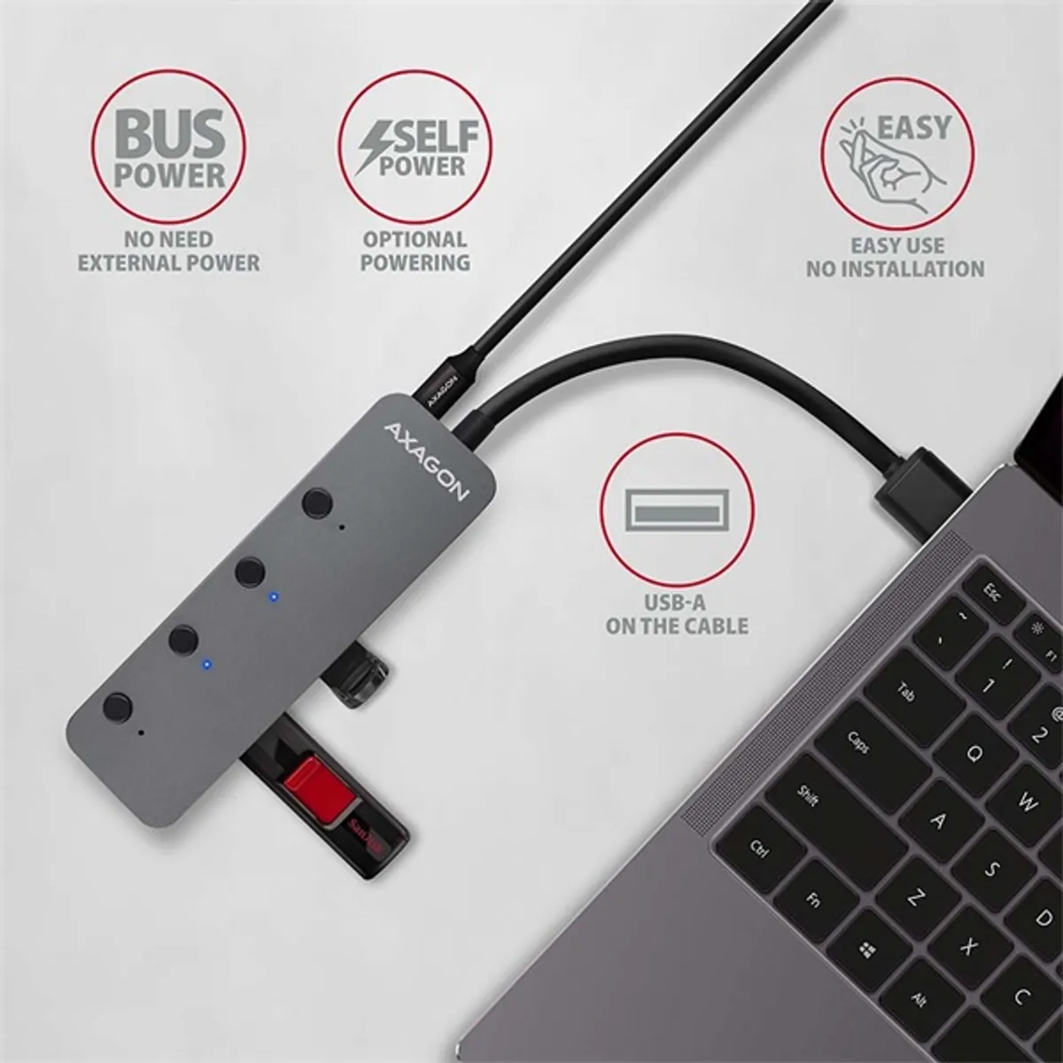 AXAGON HUE-MSA USB 3.2 Gen 1 4x USB-A hub, fém, 20 cm kábel #4