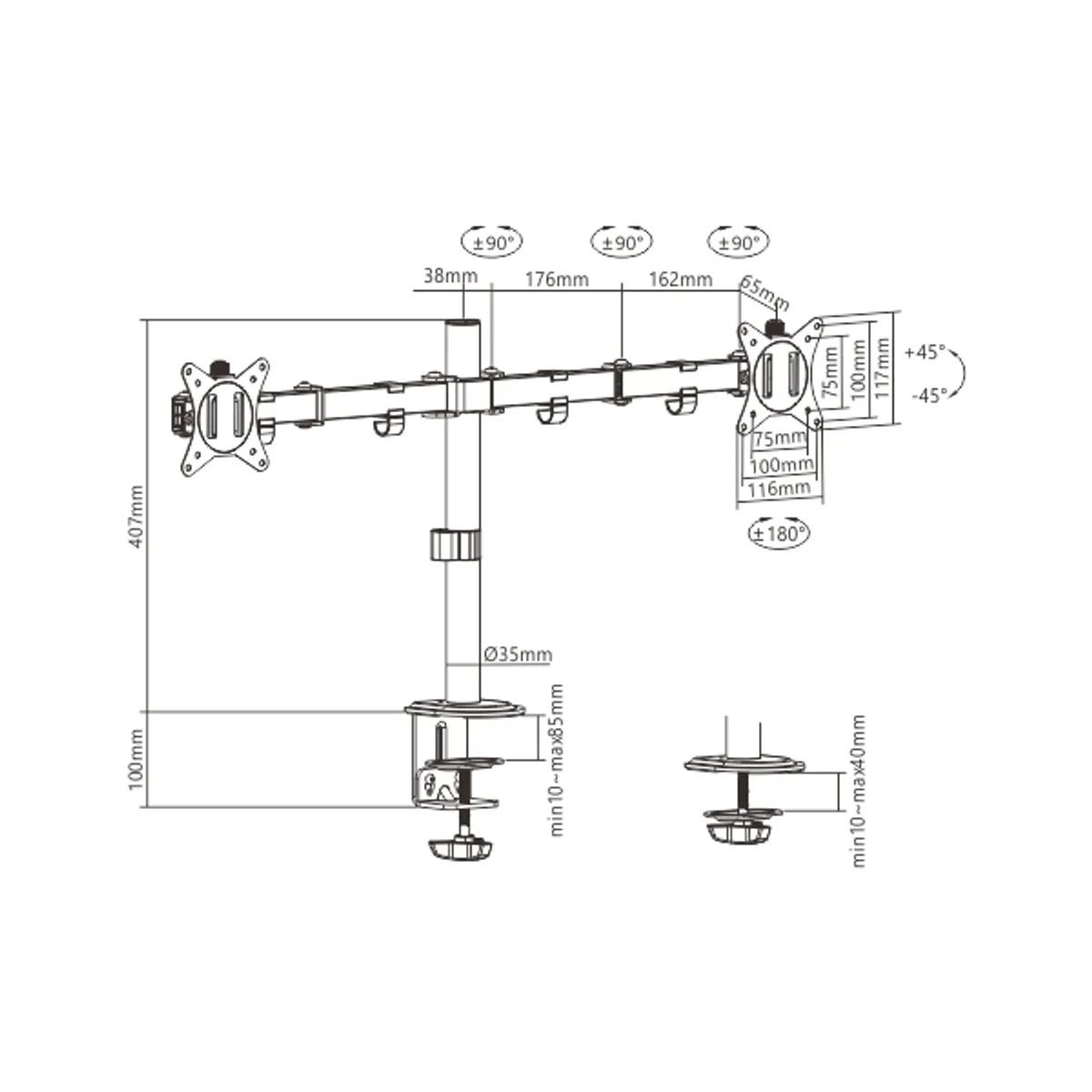 GEMBIRD MA-D2-01 kétmonitoros asztali monitortartó kar 17"-32" 9 kg VESA 75x75 100x100 fekete #2