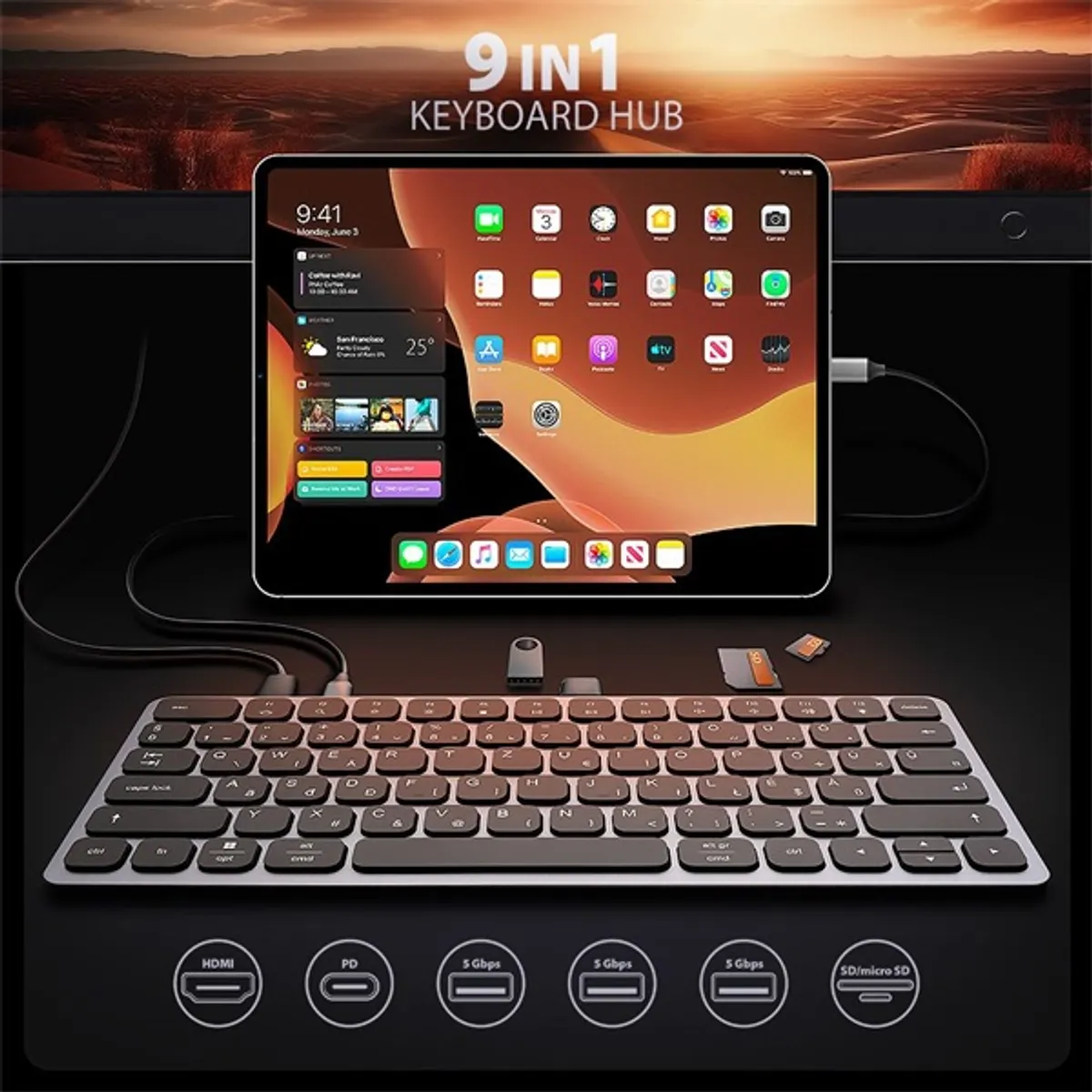 AXAGON HMC-KB-HU billentyűzet hub 9in1 USB-C;HDMI;SD/microSD;3x USB-A;PD 100W;60 cm;magyar elrendezés;alumínium #2